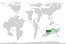 Location of Staynes and oversea territories in dark green, other Empire territories in light green.