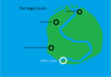 The Bagel Lands, with the nearby Hackleberry Islands to the east, and Pie in the Sky to the south;